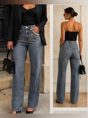 High-Rise Straight Leg Beaded Jeans Size M